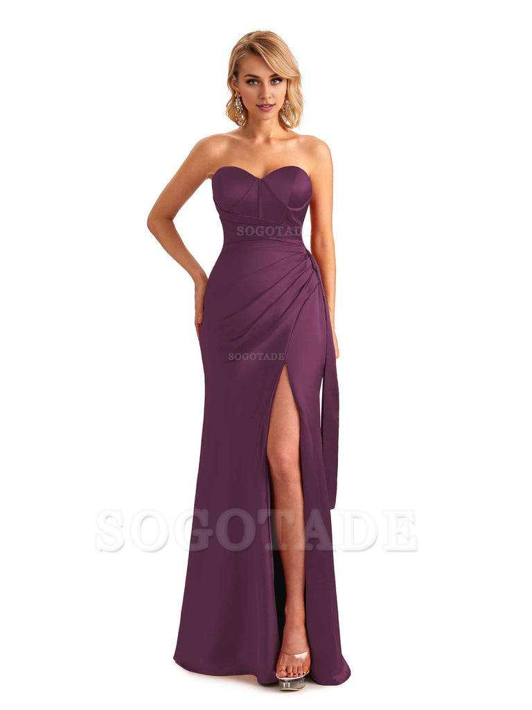 Sexy Side Slit Strapless Mermaid Soft Satin Unique Long Bridesmaid Dress For Wedding