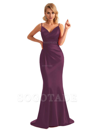 Sexy Backless Mermaid Spaghetti Straps Unique Long Formal Satin Dress For Women