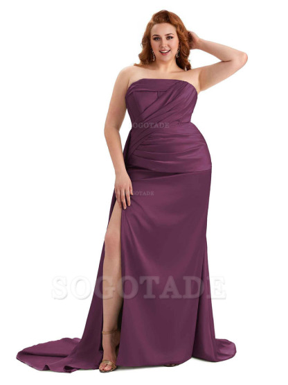 Sexy Side Slit Mermaid Soft Satin Formal Wedding Plus Size Bridesmaid Dresses