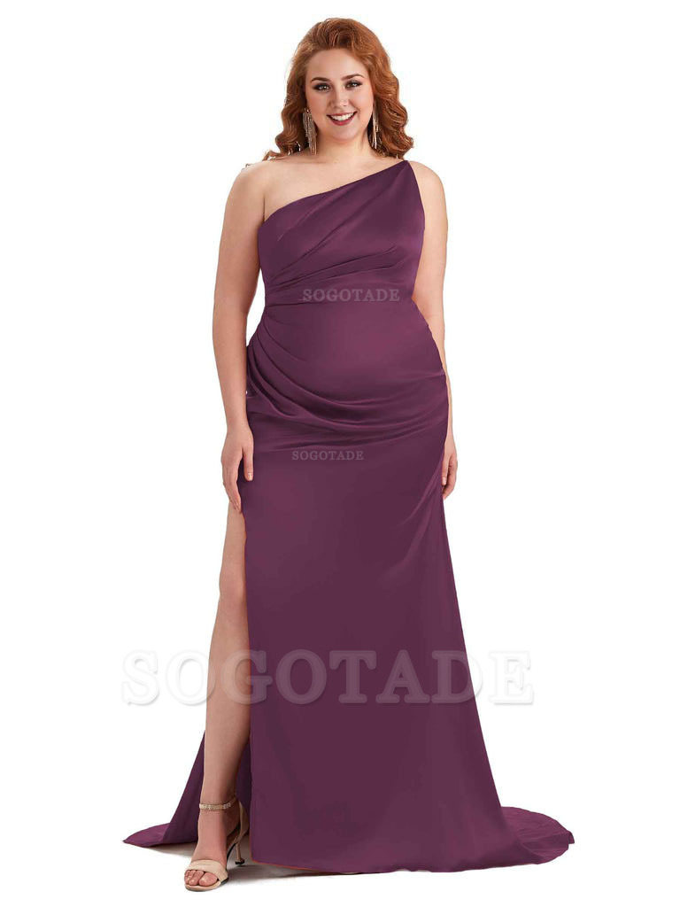 Sexy One Shoulder Side Slit Mermaid Soft Satin Long Plus Size Bridesmaid Dress For Wedding