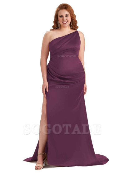 Sexy One Shoulder Side Slit Mermaid Soft Satin Long Plus Size Bridesmaid Dress For Wedding