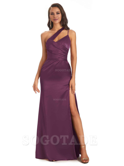 Elegant Soft Satin Side Slit One Shoulder Floor-Length Maxi Bridesmaid Dresses Evening Party Dress