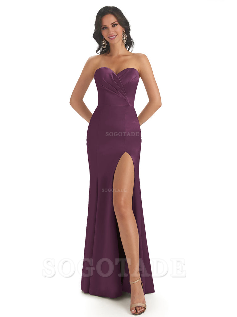 Simple Soft Satin Side Slit Sweetheart Long Mermaid Bridesmaid Dresses Elegant Evening Party Dress