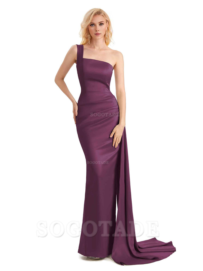 Elegant One Shoulder Soft Satin Mermaid Unique Long Bridesmaid Dresses Charming Evening Party Dress
