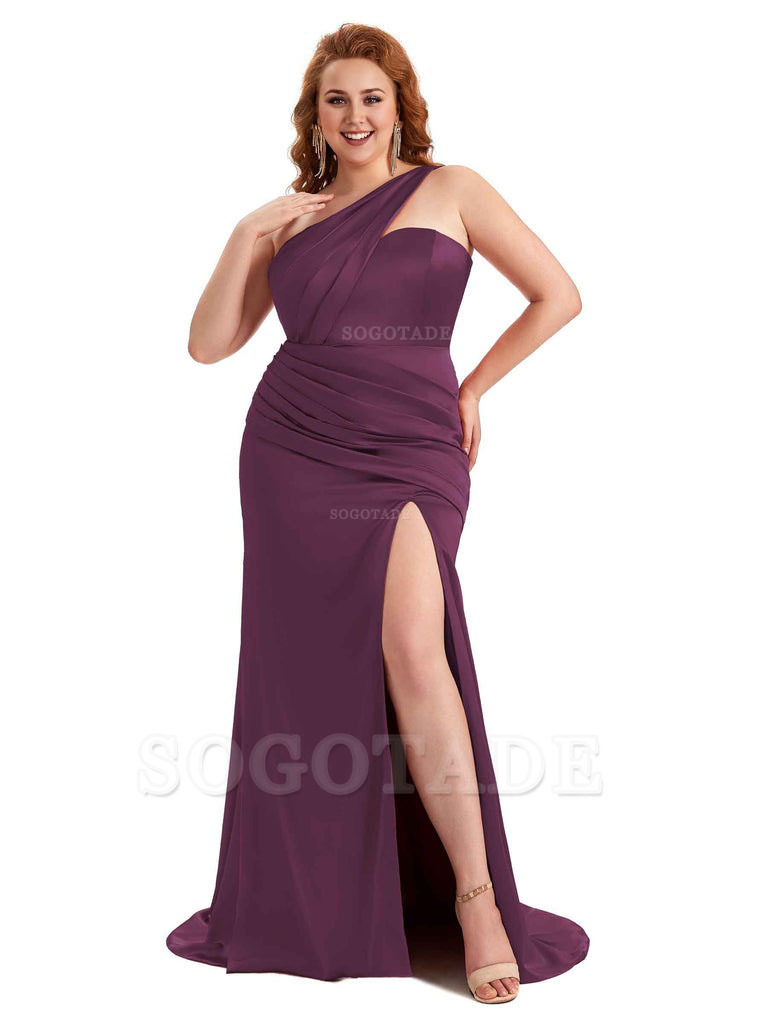 Sexy Side Slit One Shoulder Mermaid Soft Satin Long Plus Size Matron of Honor Dress For Wedding