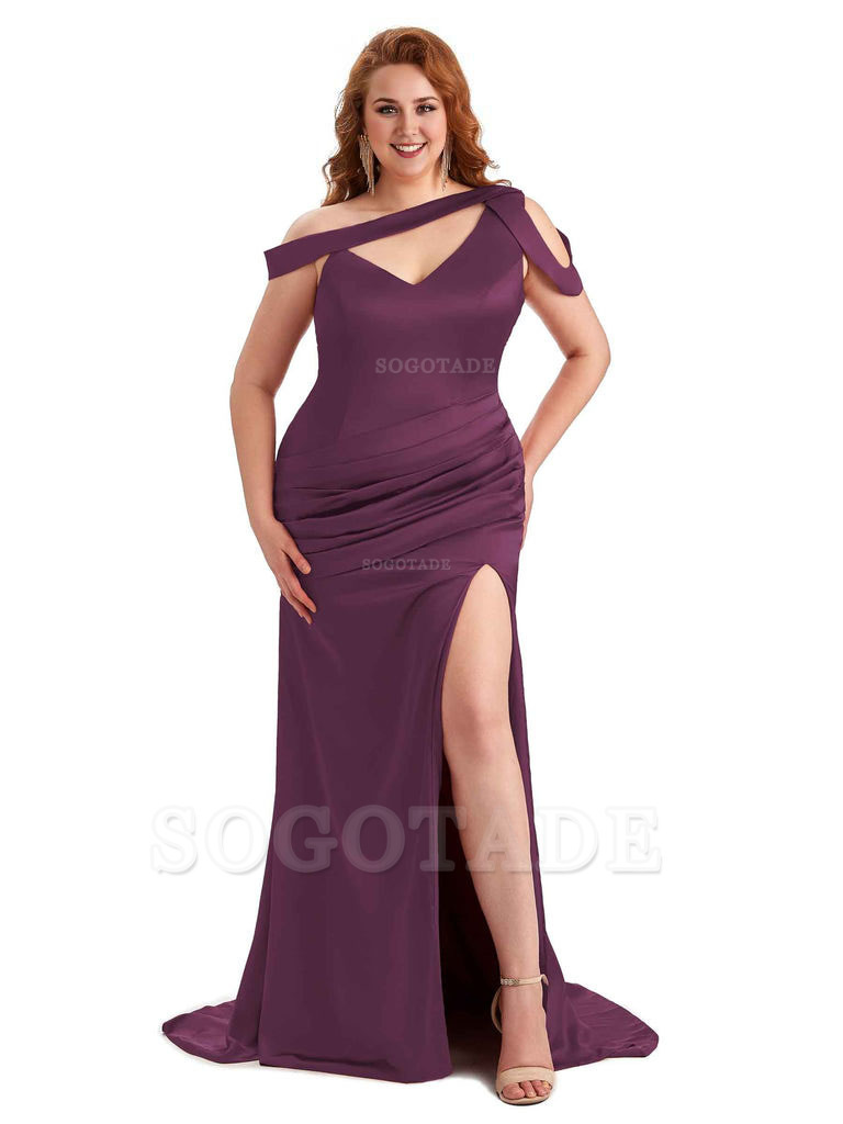 Sexy V-Neck Side Slit Unique Mermaid Soft Satin Long Plus Size Bridesmaid Dress For Wedding