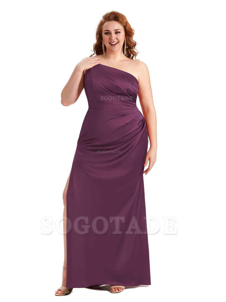 Sexy Side Slit One Shoulder Mermaid Soft Satin Long Plus Size Maid of Honour Dresses