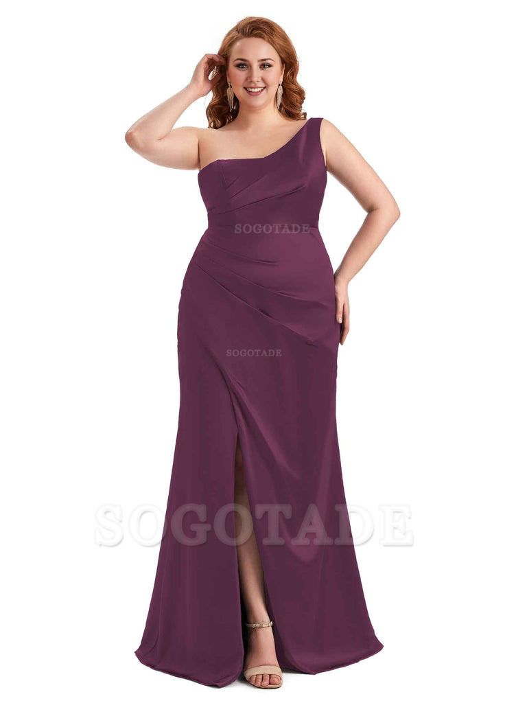 Sexy Side Slit One Shoulder Mermaid Long Plus Size Satin Maxi Dresses