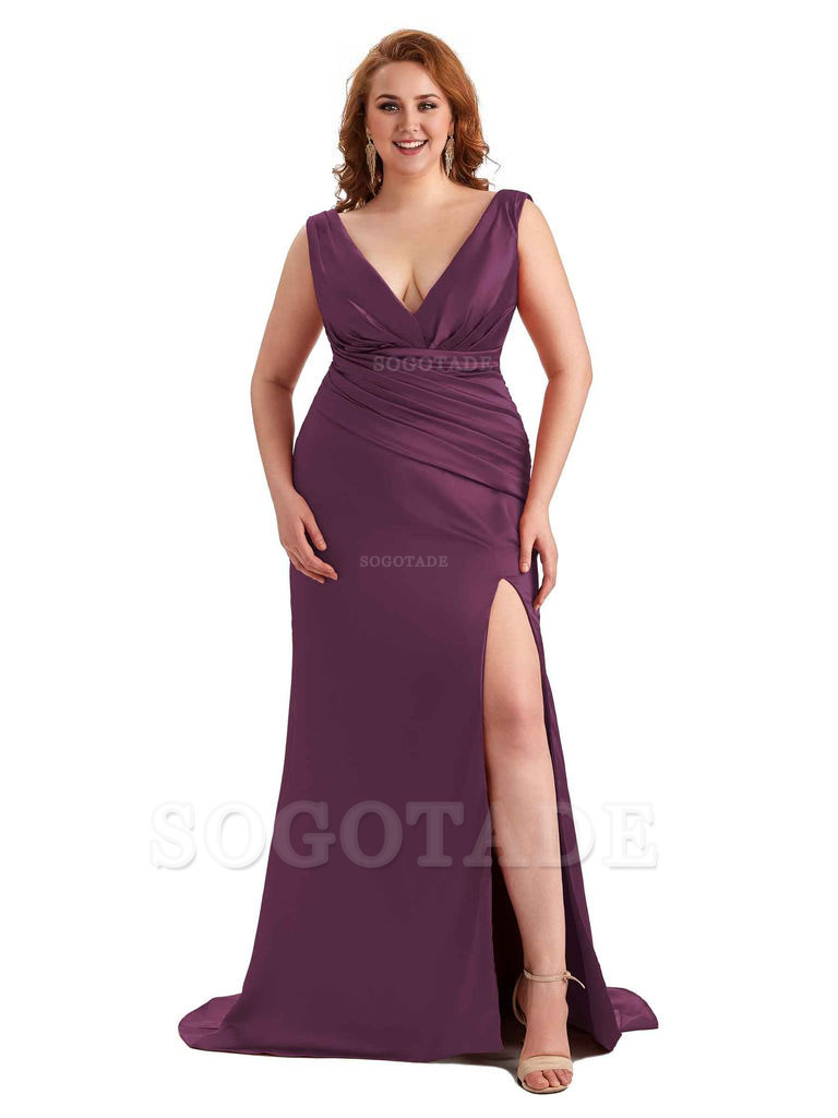 Elegant V-neck Side Slit Mermaid Soft Satin Long Plus Size Bridesmaid Dress For Wedding