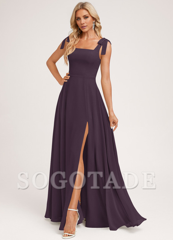 A-shaped square bow landing chiffon bridesmaid dress