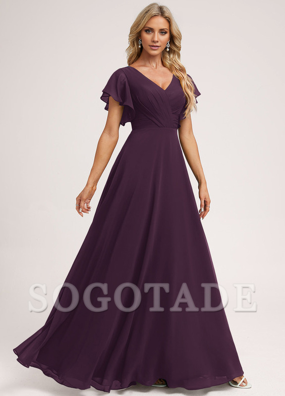 Ruffle A-line V-neck and floor chiffon bridesmaid dress