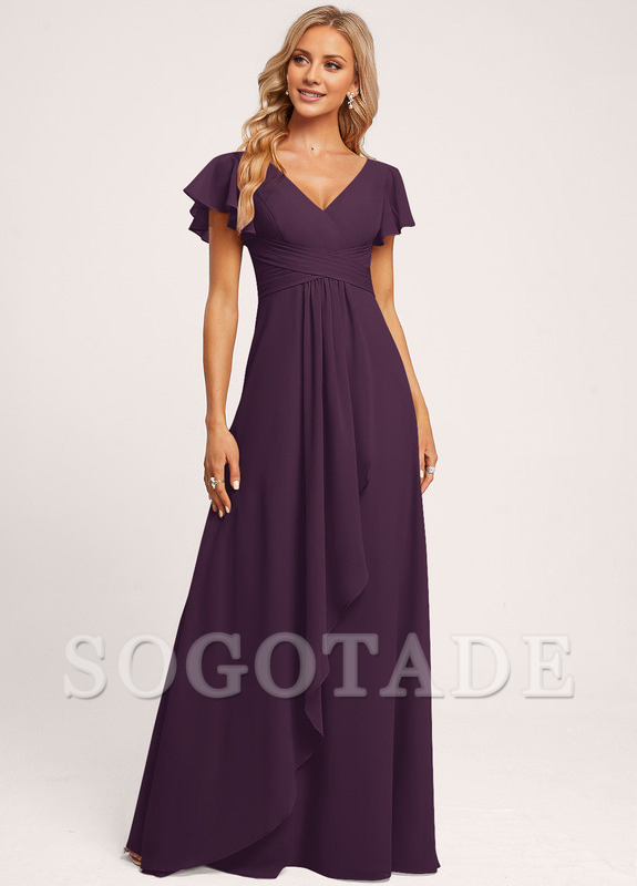 Ruffle A-line V-neck and floor chiffon bridesmaid dress