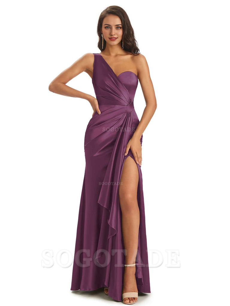Elegant Soft Satin Side Slit One Shoulder Unique Mermaid Bridesmaid Dresses Online prom dresses shops