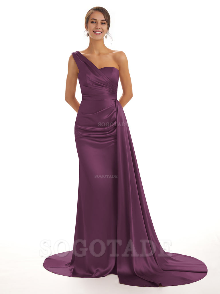 Elegant One Shoulder Soft Satin Unique Mermaid Long Bridesmaid Dresses Online prom dresses shops