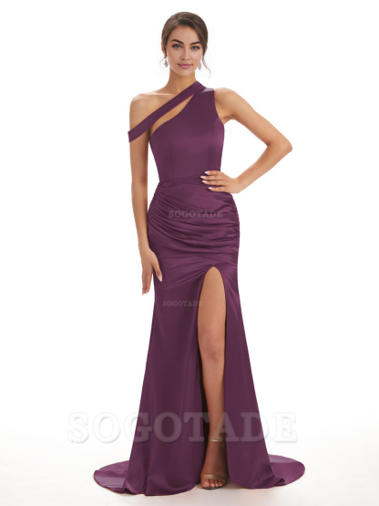 Sexy Soft Satin Side Slit One Shoulder Long Mermaid Bridesmaid Dresses prom dresses shops ﻿