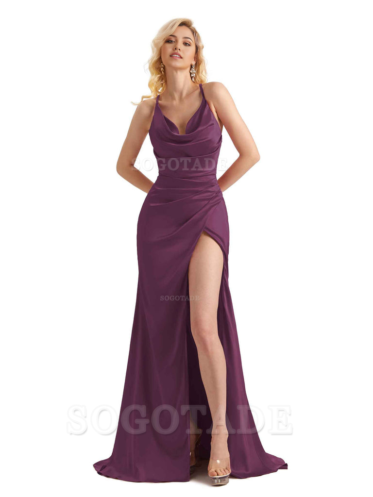 Sheath Cowl Neck Satin formal dresses evening gown Bridesmaid Dresses With Side Slit 