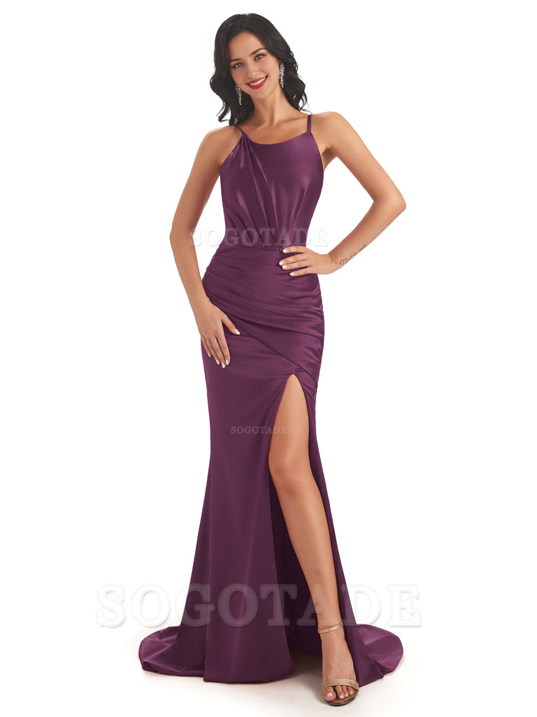 Sexy Soft Satin Spaghetti Straps Side Slit Mermaid Bridesmaid Dresses Formal Women's Dresses Wedding Guests Dresses