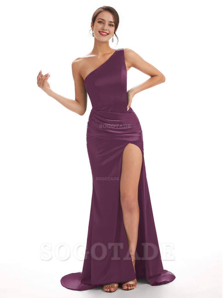 Sexy Soft Satin Side Slit One Shoulder Long Mermaid Bridesmaid Dresses Online prom shop dresses ﻿