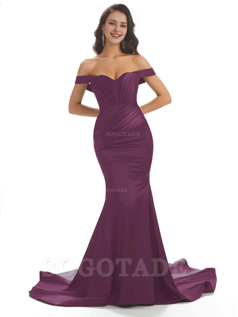 Sexy Mermaid Off The Shoulder Floor-Length Long Soft Satin Bridesmaid Dresses Online prom shop dresses