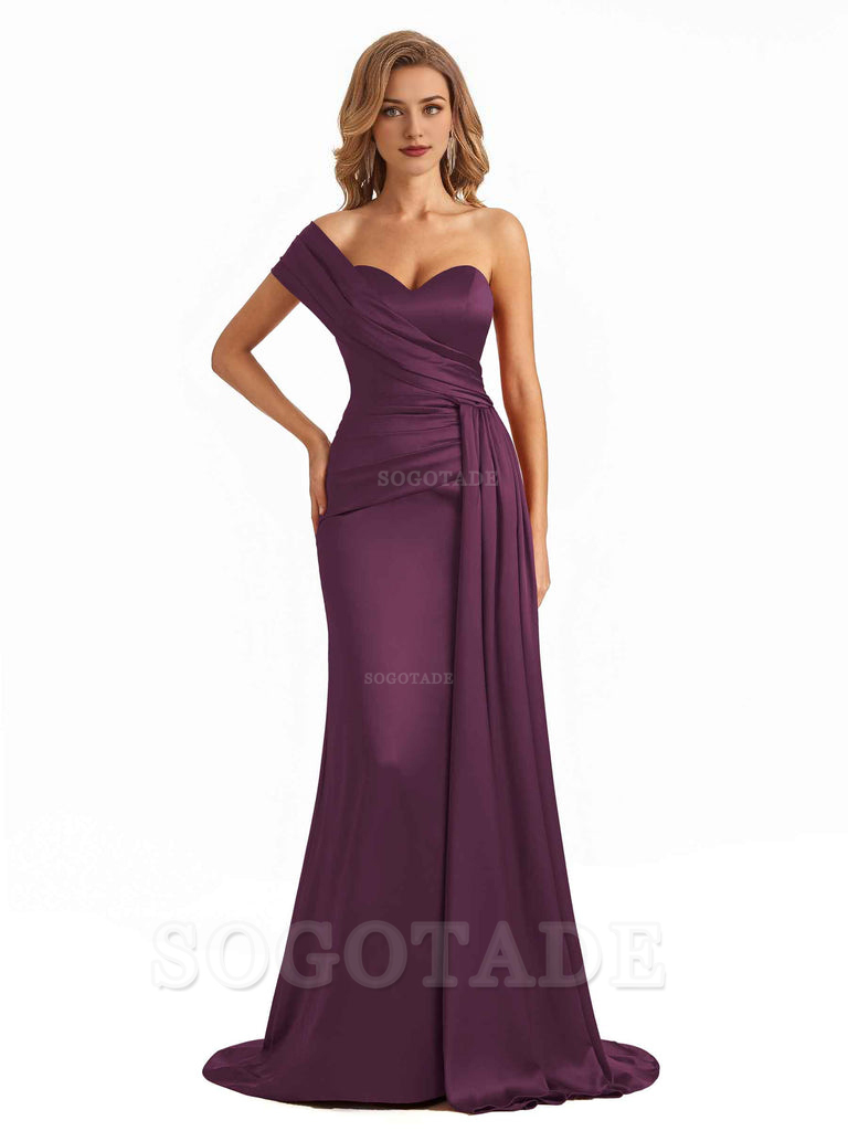 Elegant One Shoulder Soft Satin Long Mermaid Bridesmaid Dresses Online prom shop dresses ﻿