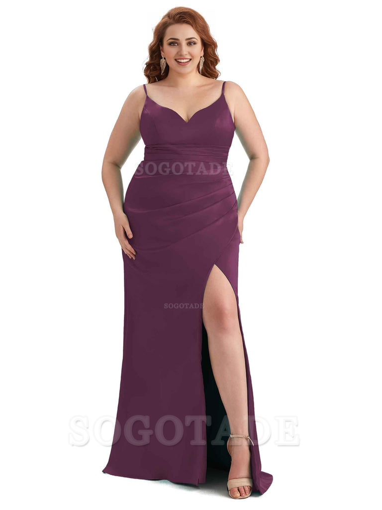 Sexy Side Slit Spaghetti Straps Mermaid Soft Satin Long Plus Size Maid of Honor Dresses