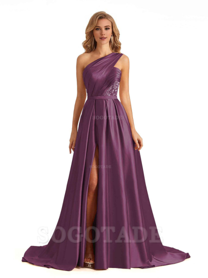 Sexy Side Slit One Shoulder A-Line Soft Satin Long Bridesmaid Dresses Online prom dress in store