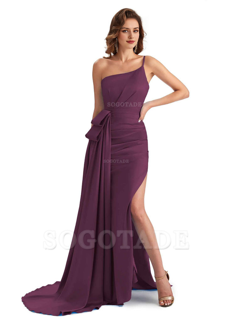 Sexy Side Slit Mermaid Silky Satin One Shoulder Modern Maxi Bridesmaid Dresses