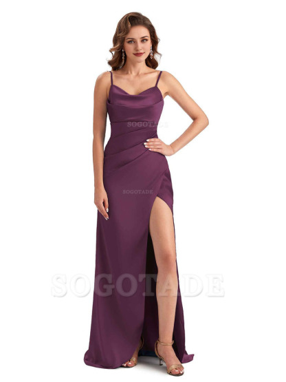 Soft Satin Side Slit Spaghetti Straps Sexy Wedding Bridesmaid Dresses