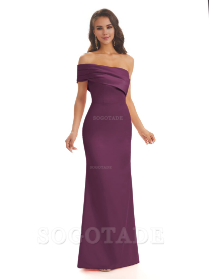 Soft Satin Sexy Side Slit One Shoulder Long Mermaid Bridesmaid Dresses Online prom dress in store