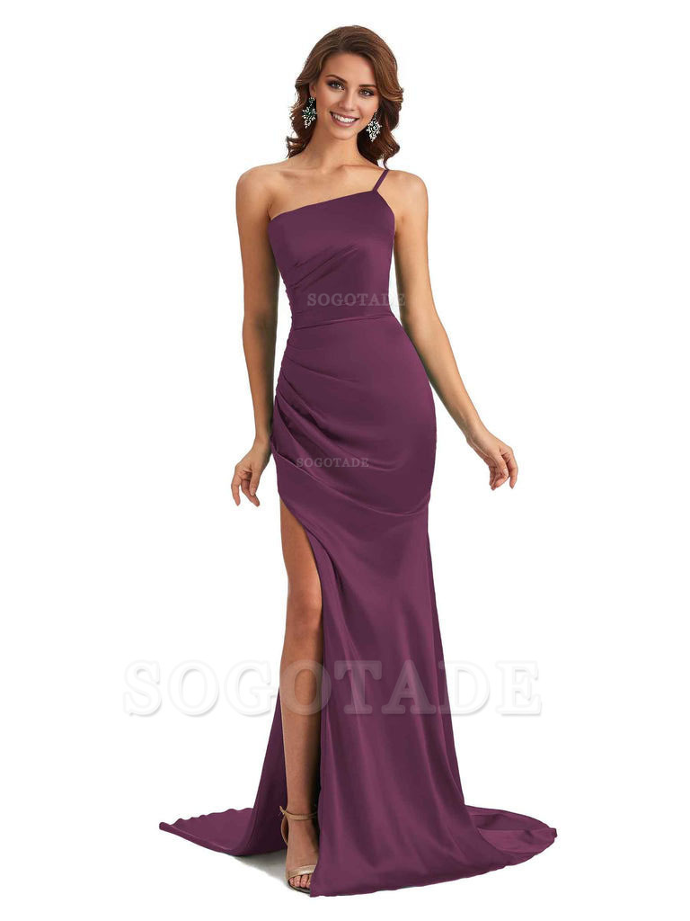 Sexy Silky Satin Side Slit One Shoulder Unique Long Wedding Guest Maxi Dresses