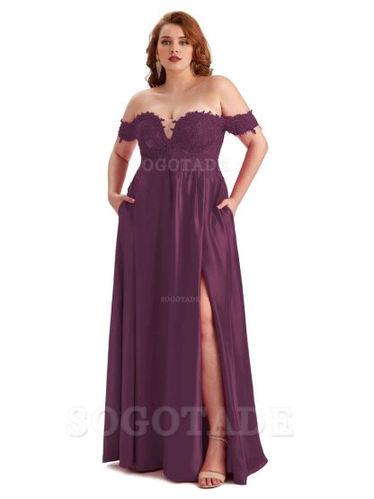 Off Shoulder Side Slit Lace Soft Satin Long Plus Size Bridesmaid Dresses For Wedding