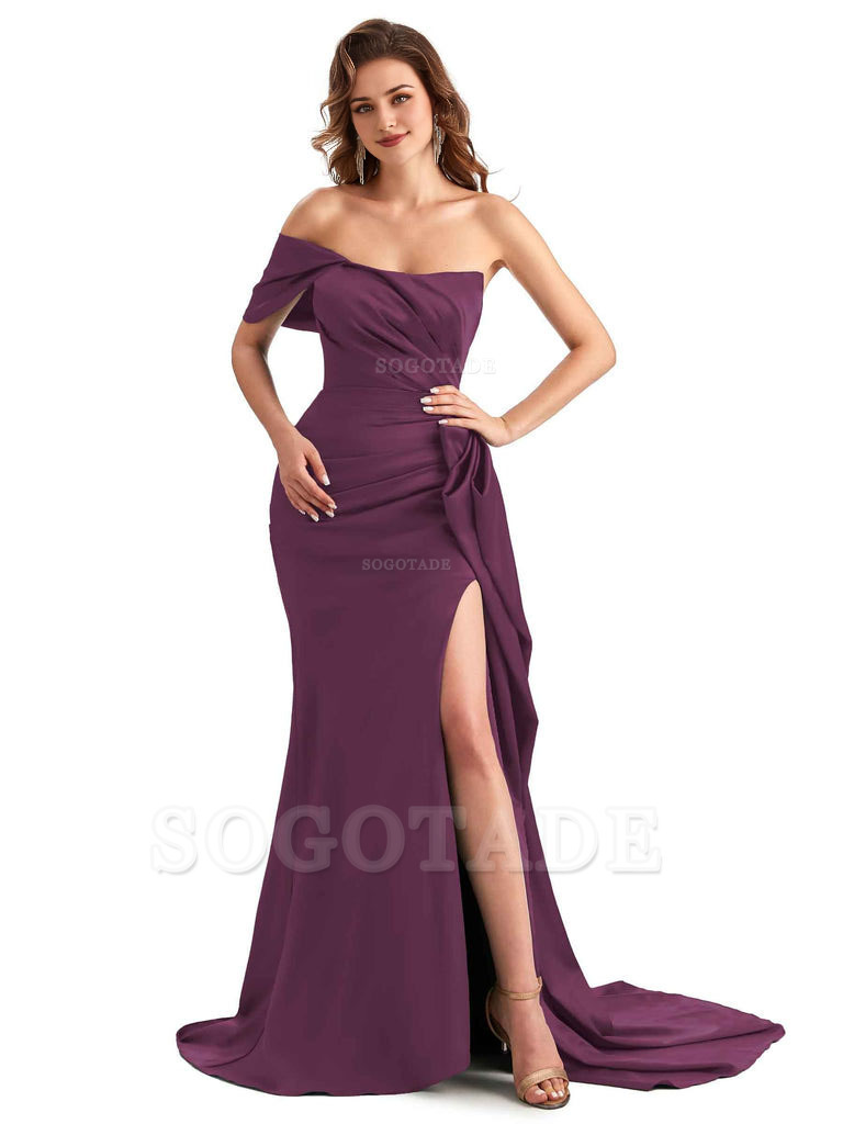Sexy Side Slit Mermaid Silky Satin One Shoulder Chic Long Maid Of Honor Dresses