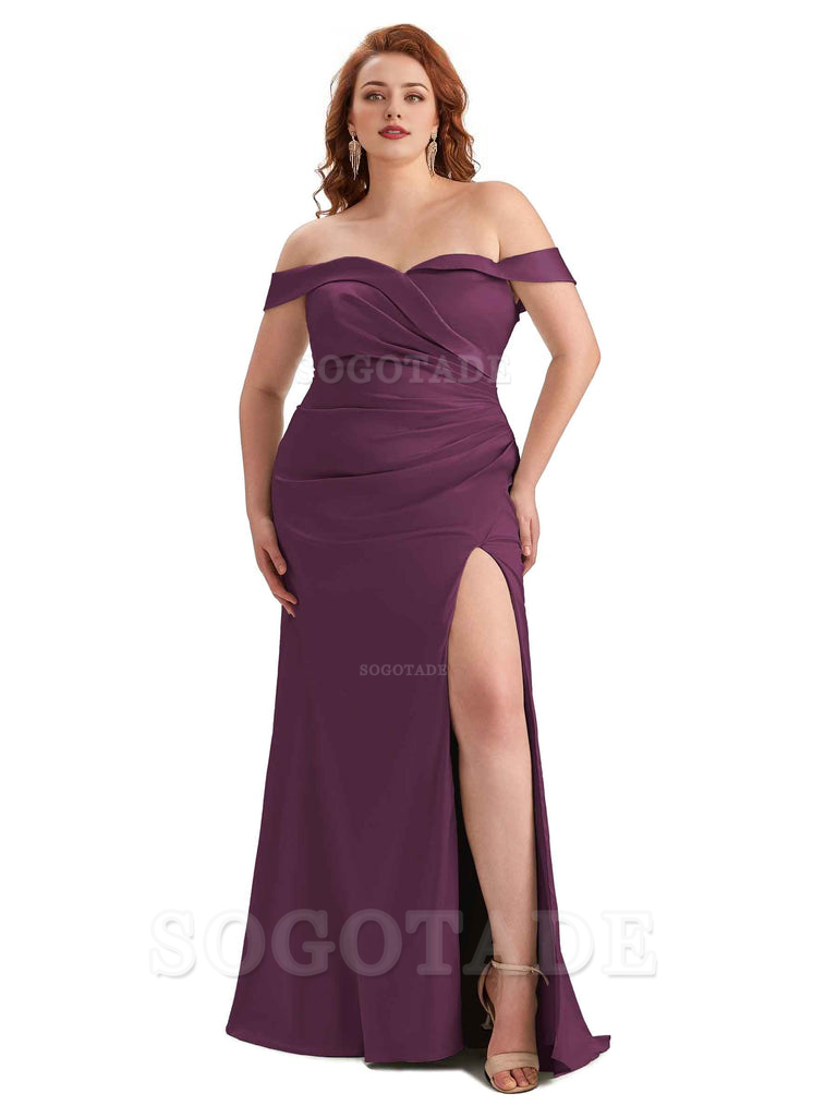 Sexy Side Slit Off Shoulder Mermaid Soft Satin Long Plus Size Bridesmaid Gowns For Wedding