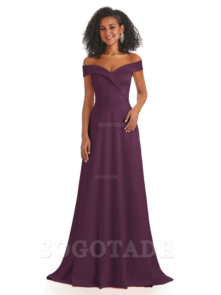 Soft Satin Off The Shoulder Long A-Line African Bridesmaid Dresses prom dress stores ﻿