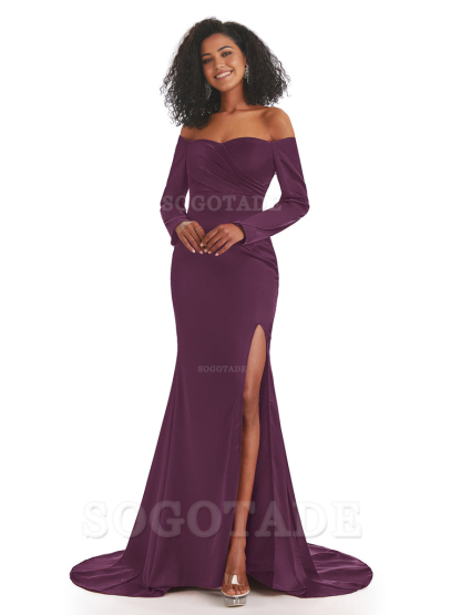 Mermaid Long Sleeve Satin formal dresses evening gown Bridesmaid Dresses With Side Slit 