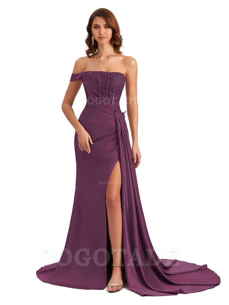 Mermaid Off Shoulder Applique formal dresses evening gown Bridesmaid Dresses With Side Slit 