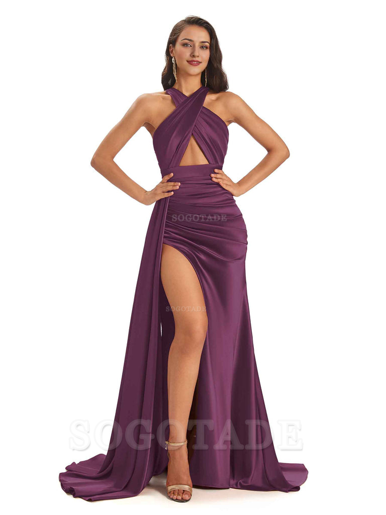 Sexy Soft Satin Halter Side Slit Floor-Length Maxi Mermaid Bridesmaid Dresses Online prom dress shop ﻿