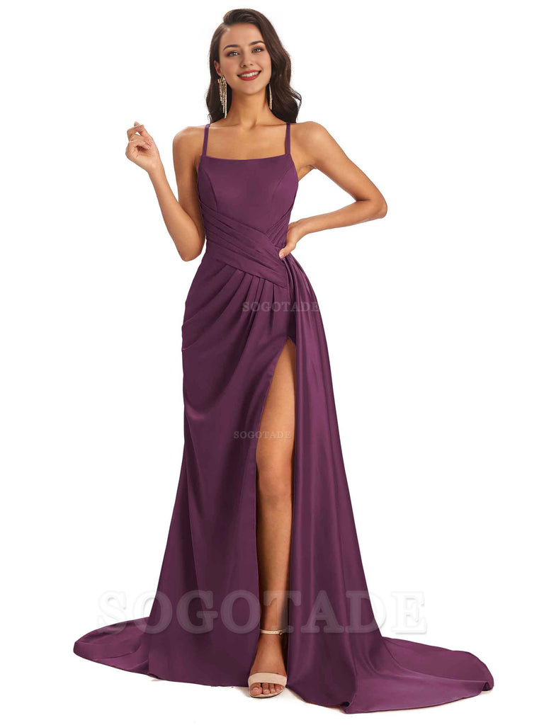 Sexy Soft Satin Side Slit Spaghetti Straps Long Maxi Bridesmaid Dresses prom shop dresses