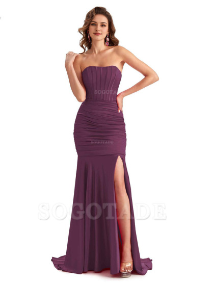 Sexy Strapless Side Slit Mermaid Silky Satin Formal Bridesmaid Dresses