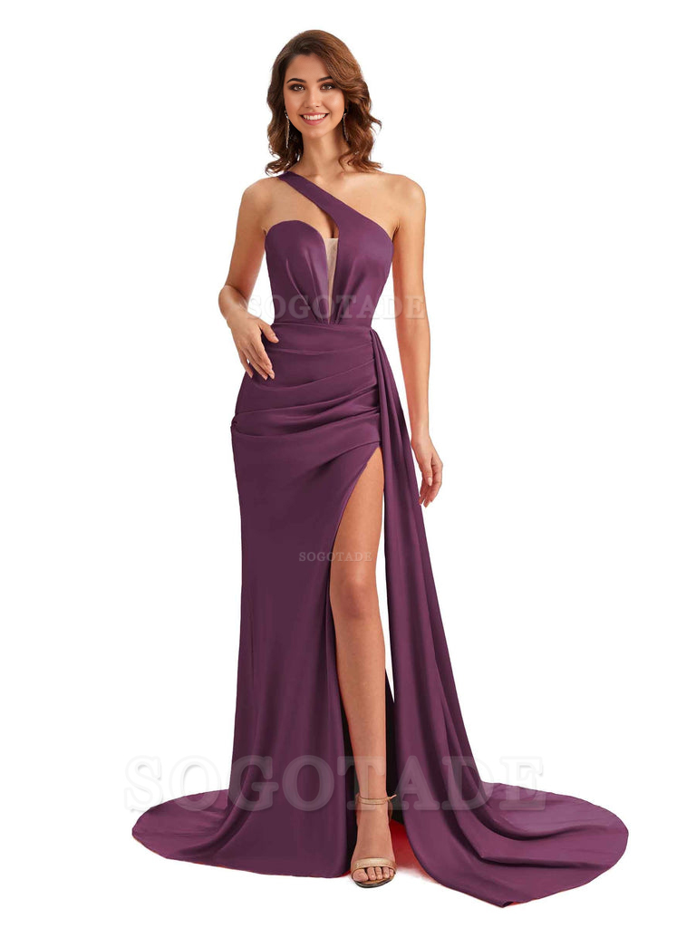 Mermaid One Shoulder Satin formal dresses evening gown Bridesmaid Dresses With Side Slit