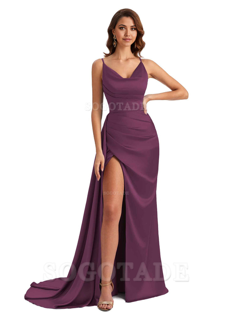 Mermaid Cowl Spaghetti Satin formal dresses evening gown Bridesmaid Dresses With Side Slit
