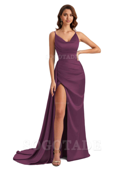 Mermaid Cowl Spaghetti Satin formal dresses evening gown Bridesmaid Dresses With Side Slit