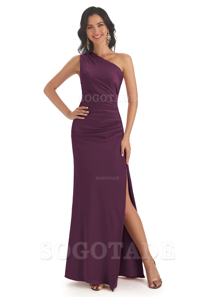 Mermaid One Shoulder Satin formal dresses evening gown Bridesmaid Dresses With Side Slit 