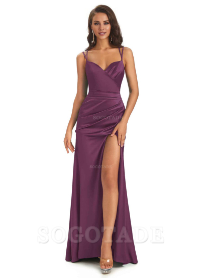 Sexy Soft Satin Side Slit Spaghetti Straps Long Maxi Mermaid Bridesmaid Dresses Elegant Evening Party Dress