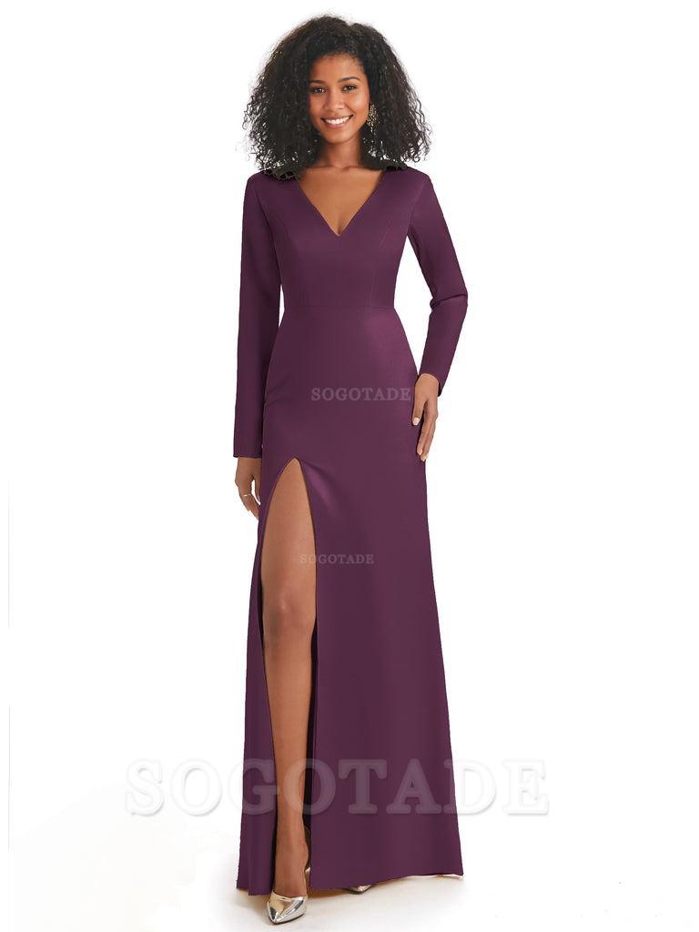 Soft Satin Side Slit Long Sleeves V-Neck Long African Mermaid Bridesmaid Dresses Elegant Evening Party Dress