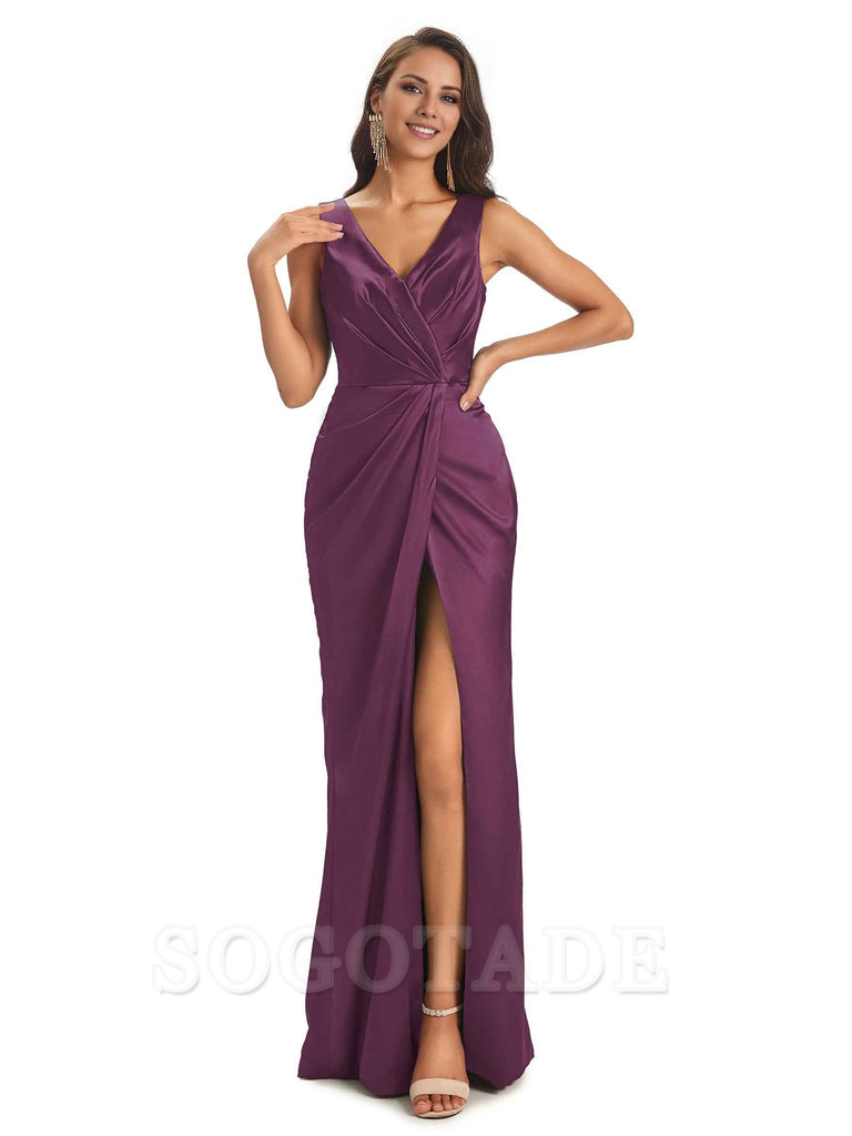 V-Neck Unique Long Satin Bridesmaid Dresses with Front Slit