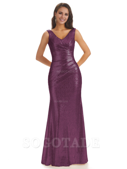 Sexy Sequin V-Neck Sparkly Long Mermaid Bridesmaid Dresses Charming Evening Party Dress