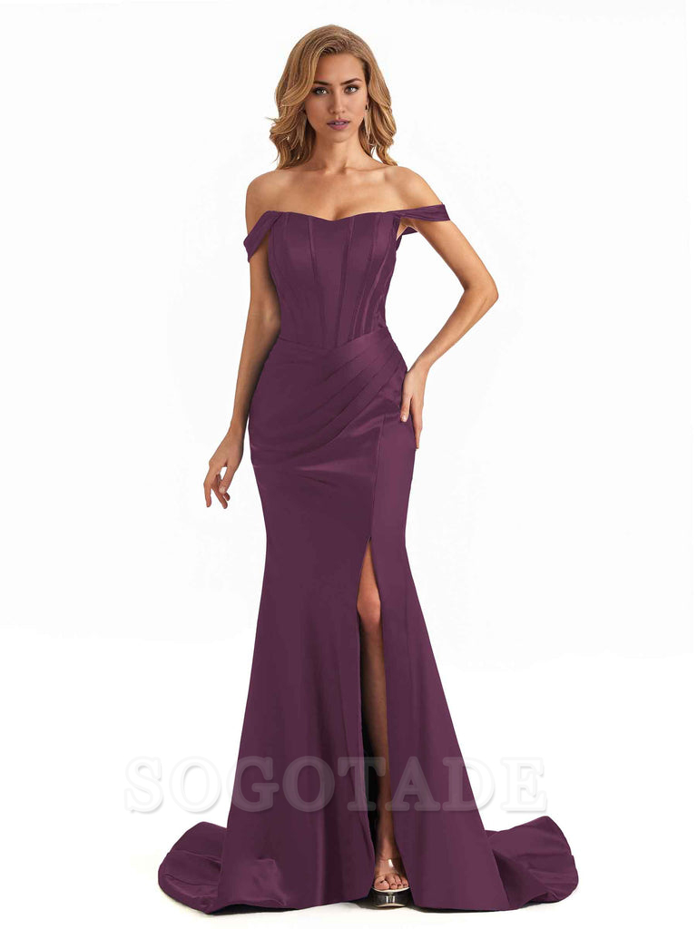 Sexy Long Mermaid Bridesmaid Dresses Off The Shoulder with Side Slit Satin Elegant Evening Party Dress 
