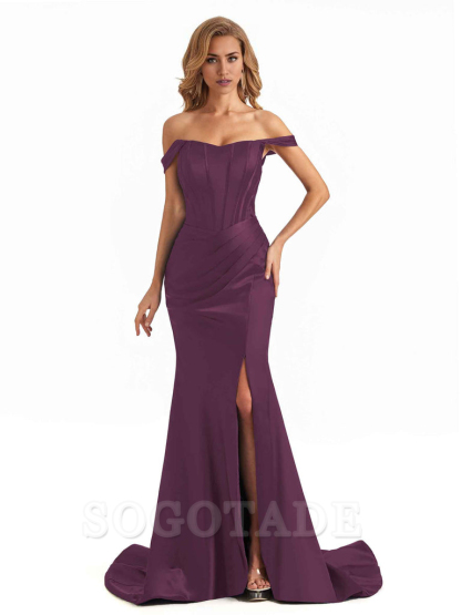 Sexy Long Mermaid Bridesmaid Dresses Off The Shoulder with Side Slit Satin Elegant Evening Party Dress 