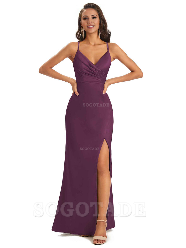 Soft Satin Side Slit Spaghetti Straps Long Unique Mermaid Bridesmaid Dresses Elegant Evening Party Dress